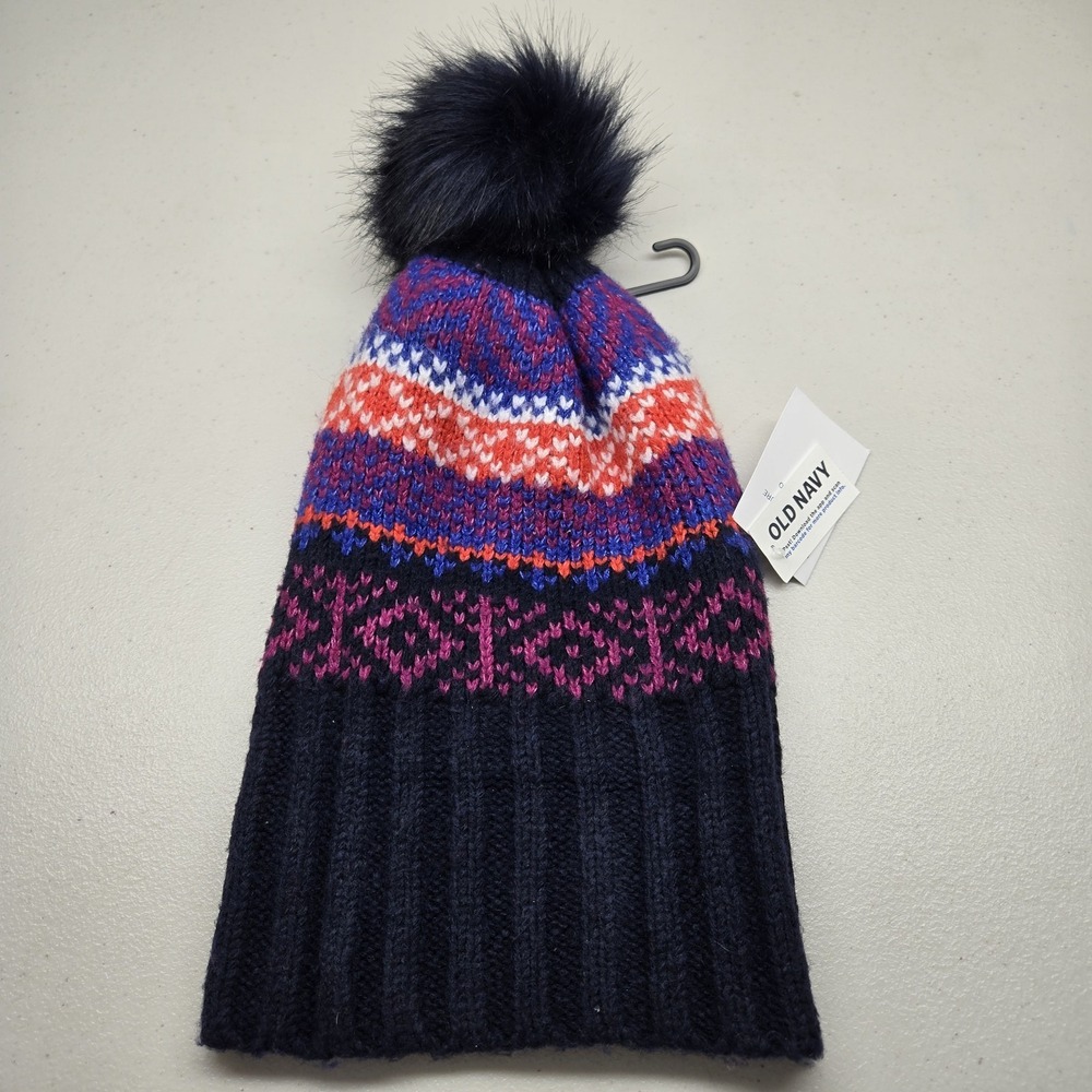 Old Navy Women Beanie ONE SIZE Blue Fair Isle Pom Knitted Foldover NWT